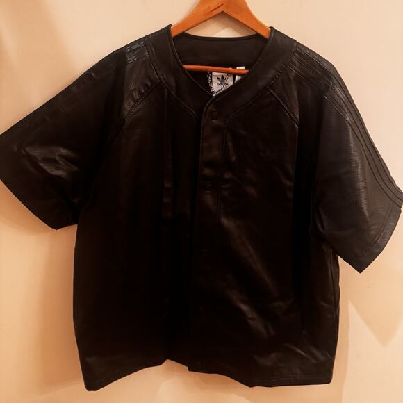 Adidas Originals Faux Leather Baseball Jersey Men's Large Black Snap Down 2024 - Picture 14 of 16